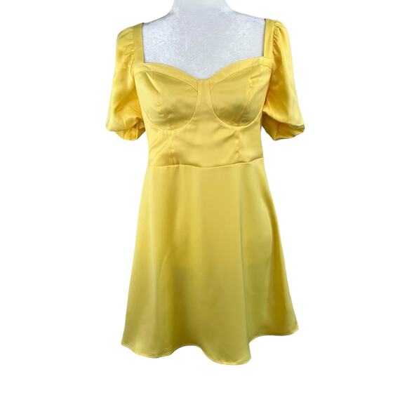 Something New Gloria Short Puff Sleeve Yellow Satin Mini Dress Medium NWT - Picture 2 of 13